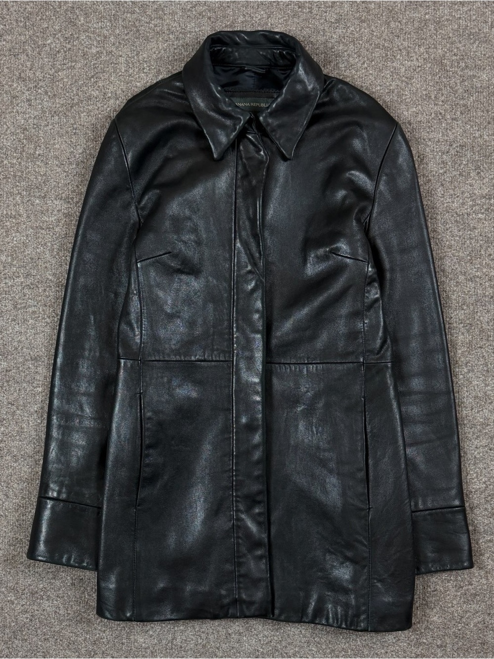 Banana Republic Black Genuine Leather Mid Length Jacket Women’s M Snap Closure